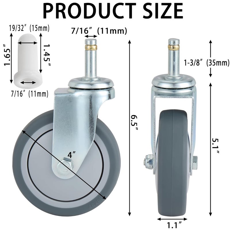 Finnhomy 4 Inches Stem Caster Wheels Set of 4 Heavy Duty 7/16 Inch Stem Diameter Swivel Casters TPR Replacement Wheels for Utility Cart/Mop Bucket/Wet & Dry Vacuum/Grills/Shop Mechanic Stool - Image 2